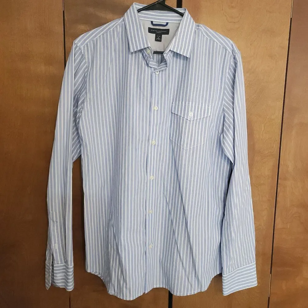 Banana‎ Republic Mens Slim Fit Blue White Stripe Button Down Dress Shirt M